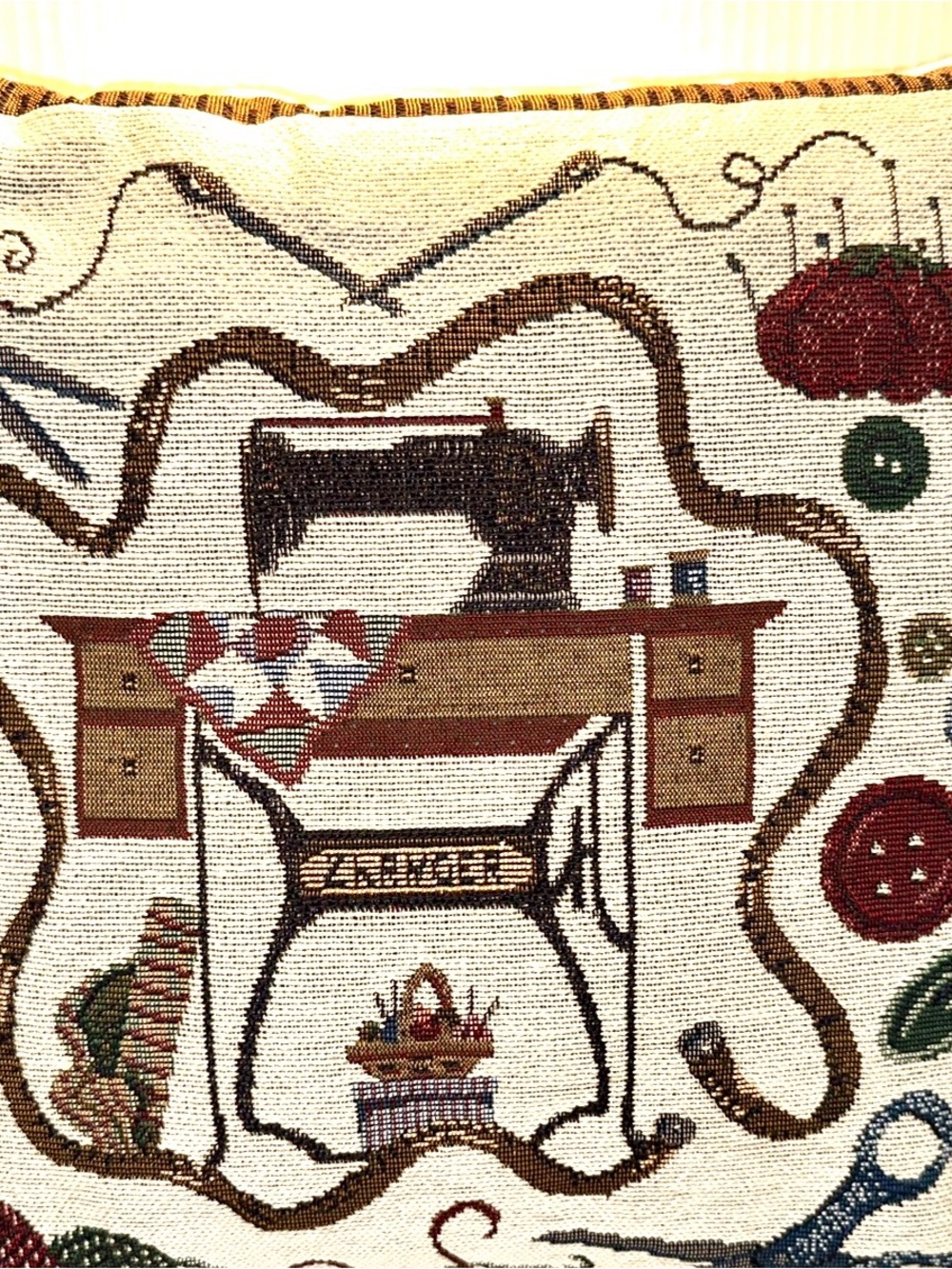 Vintage Tapestry Sewing Machine Accent Pillow  in Cream and Brown - Picture 2 of 10